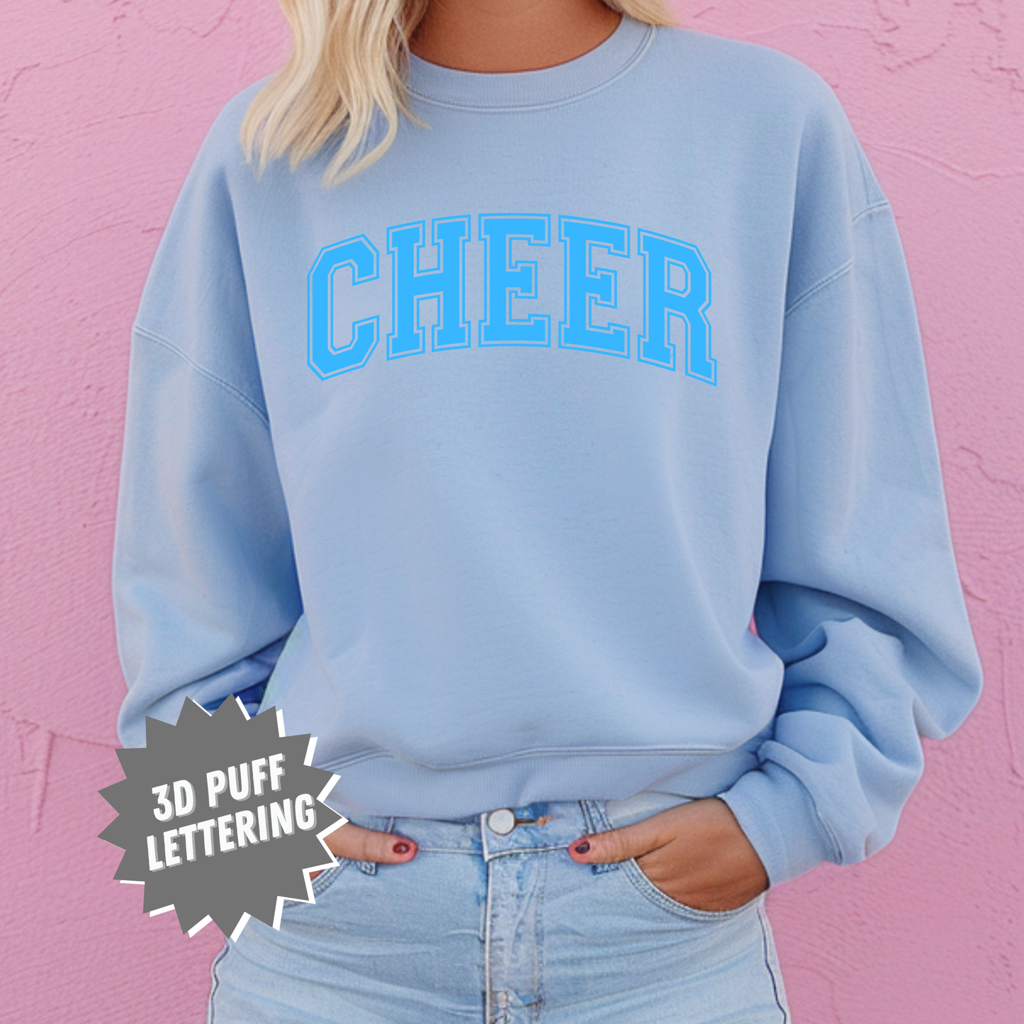 Cheer Puff Print Blue Crewneck Sweatshirt - Adult