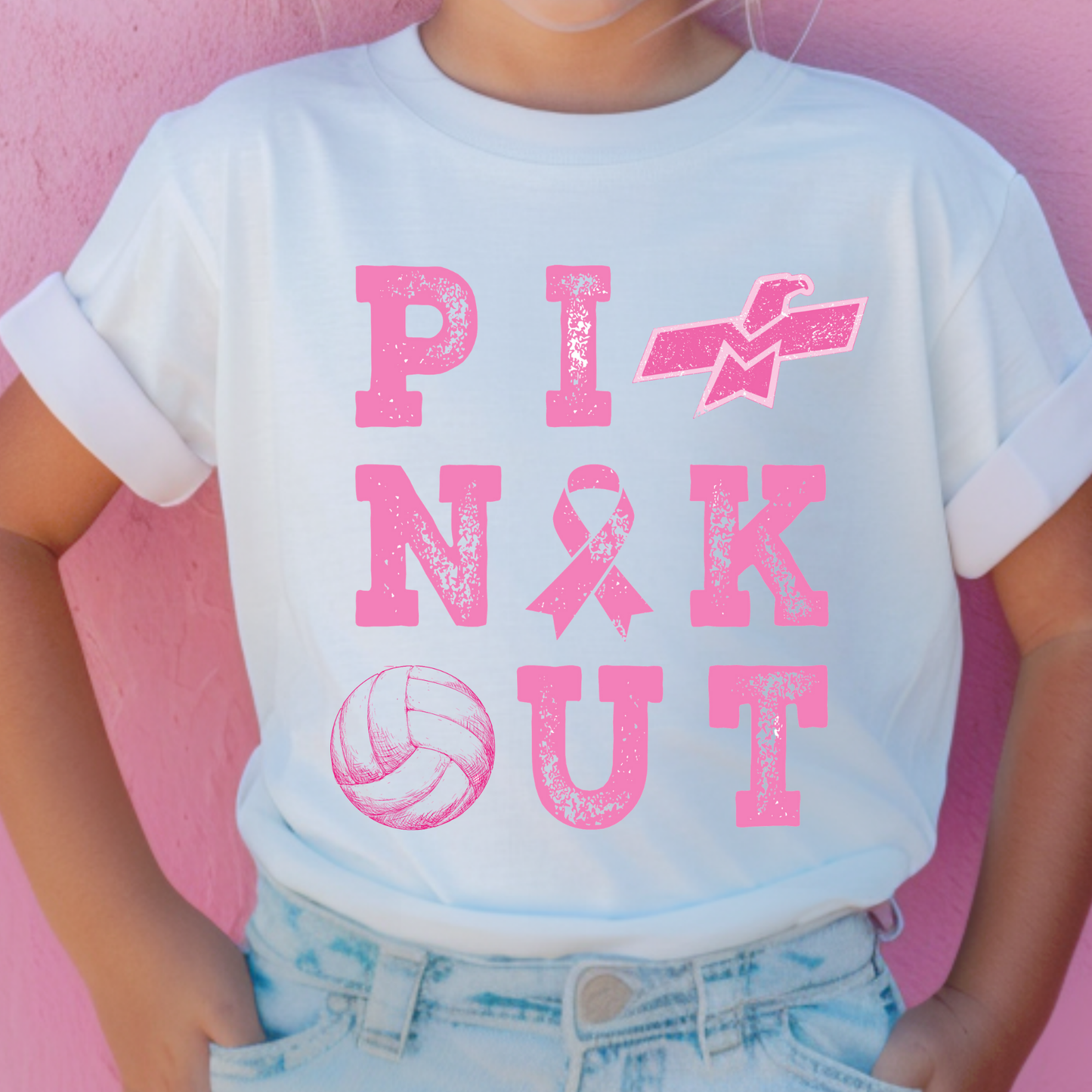 October Breast Cancer Awareness Pinkout Volleyball Tee -Adult