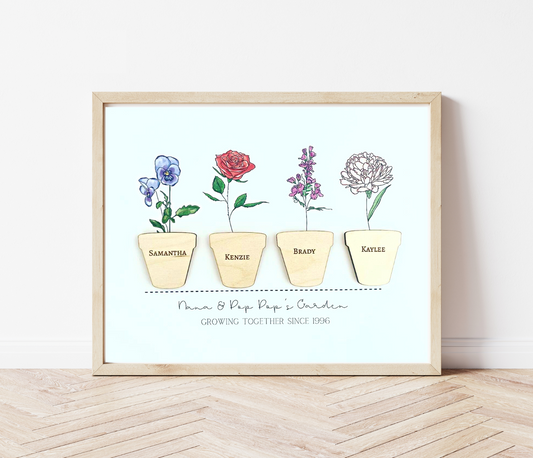 Personalized Birth Flower Print with 3D Flower Pots