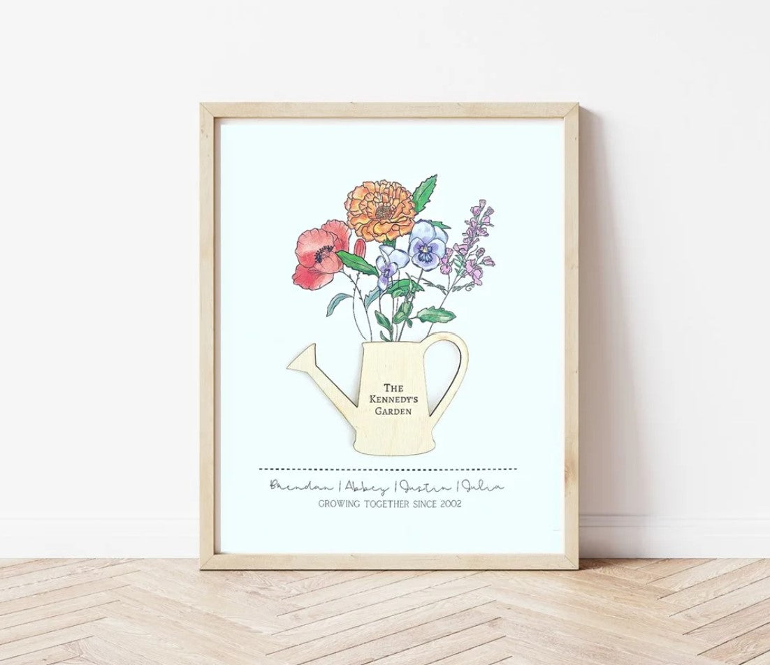 Personalized Birth Month Family Print with 3D Watering Can